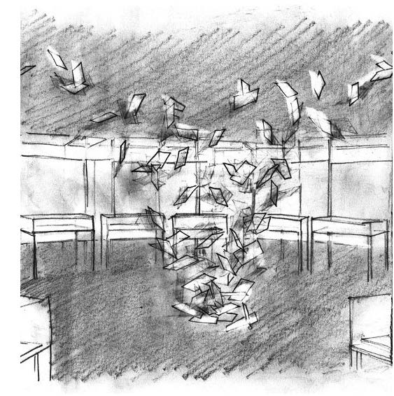 Drawing of paper sheets flying through the exhibition.