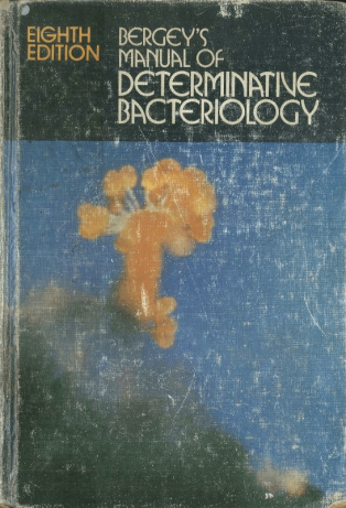 Cover of Bergey’s Manual of Determinative Bacteriology. The 1974 edition, edited by R.E. Buchanan, was published one year after Bergey’s death, in 1974.