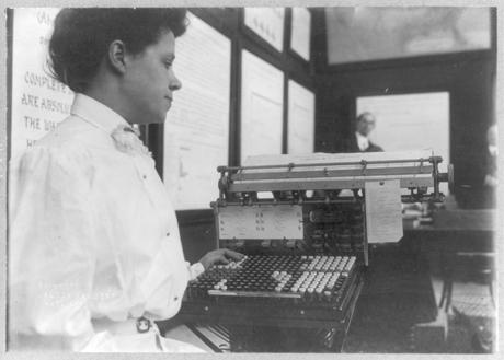 Fig. 3: U.S. Census Bureau machines and operators, 1908. Library of Congress Prints and Photographs Division Washington, D.C.