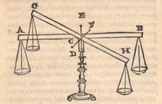 Illustration of an equal-armed balance, both in equilibrium and in a deflected position. From Alessandro Piccolomini (1565). In: Mechanicas quaestiones Aristotelis, paraphrasis paulo quidem plenior. Venice: Curtius Troianus, p. 20. MPIWG, library.