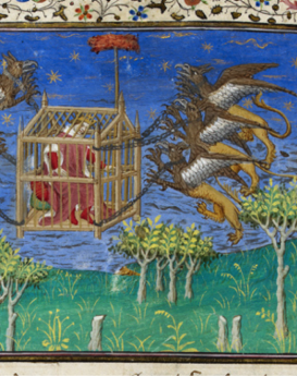 Images from London, BL, Royal 20 B XX (Le Livre et le vraye hystoire du bon roy Alixandre), France, c. 1420  fol. 76v (Alexander in a griffin-powered flying machine)