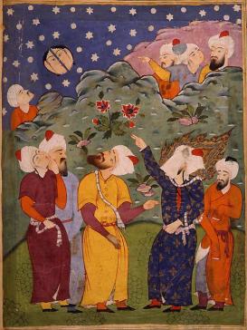 Caption Text: Muhammad inviting his audience to observe the (split) moon  Source: https://en.wikipedia.org/wiki/Splitting_of_the_moon