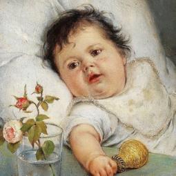 Carl Fröschl, Baby with a Rattle (ca. 1890), oil on Canvas. Public Domain via Wikimedia Commons.