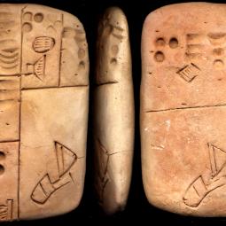 Obverse, edge and reverse of an archaic Babylonian bookkeeping record (ca. 3200-3000 BCE).