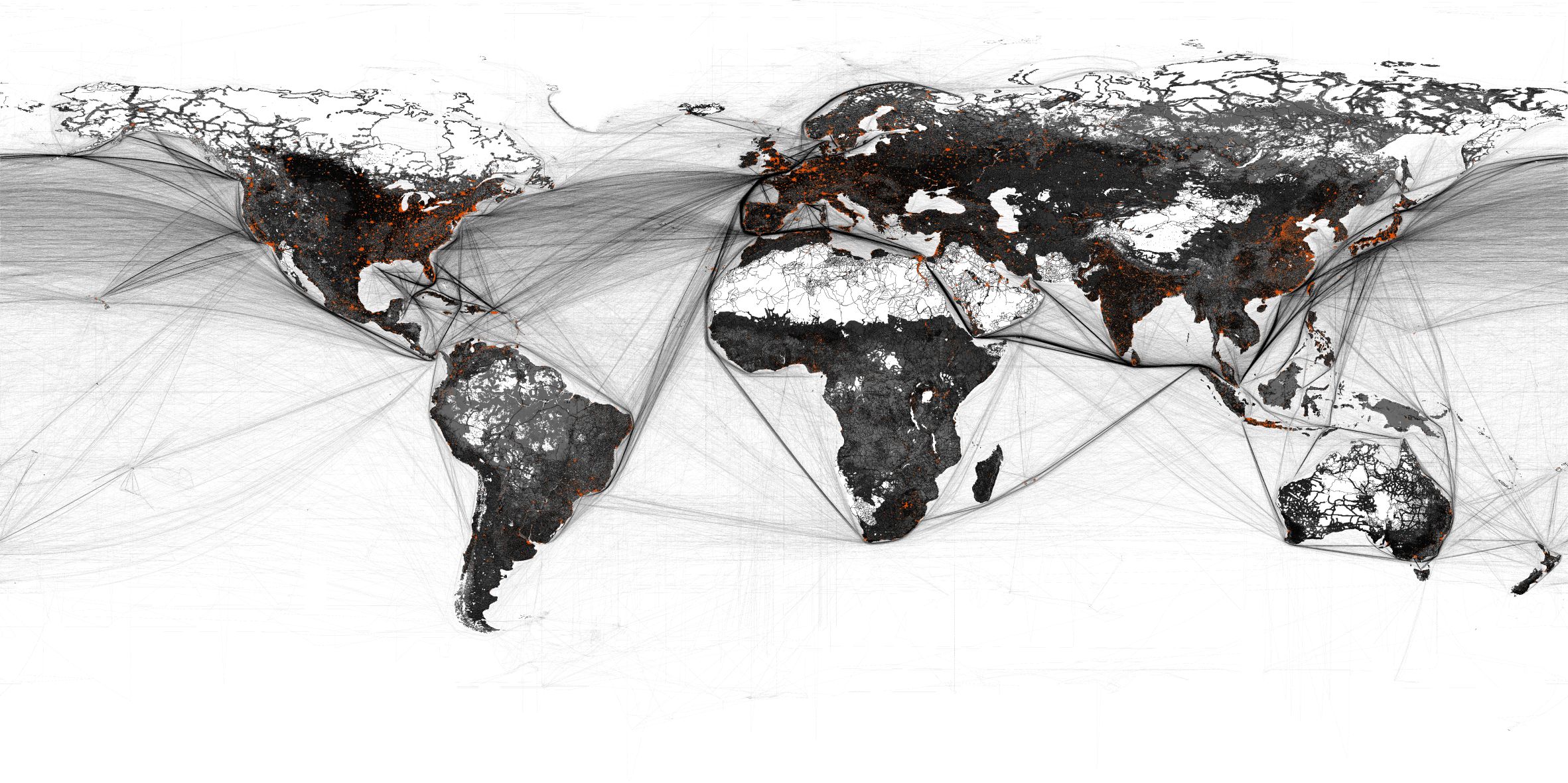 map of planet with  agglomerations zones in red and use zones in black