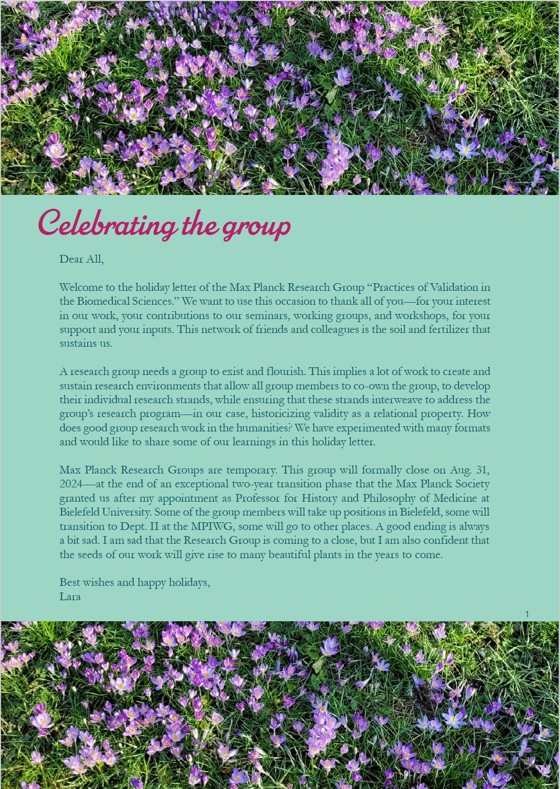 A page of the 2023 newsletter by the Research Group "Practices of Validation in the Biomedical Sciences," showing purple and green flowers and text