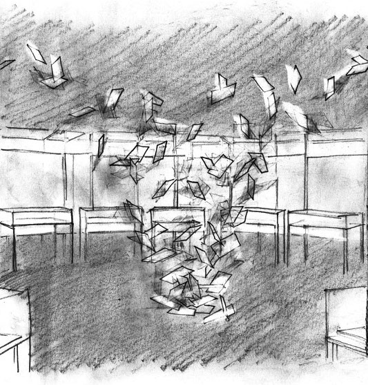 Drawing of paper sheets flying through the exhibition.