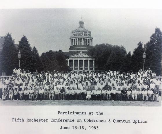 Participants at the Fifth Rochester Conference on Coherence & Quantum Optics. Source: Coherence and Quantum optics V: Proceedings of the Fifth Rochester Conference on Coherence and Quantum Optics held at the University of Rochester, June 13-15, 1983. New York: Plenum Press,1984.