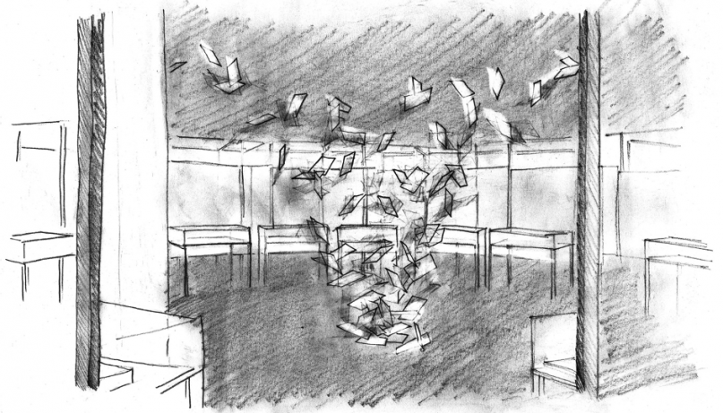 Drawing of paper sheets flying through the exhibition.