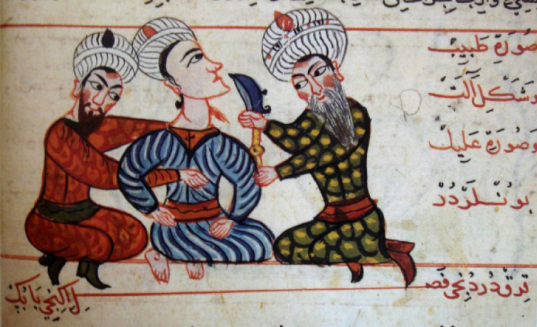 Physicians employing a surgical method. From Şerafeddin Sabuncuoğlu‘s Imperial Surgery (1465). Source: Wikimedia Commons.