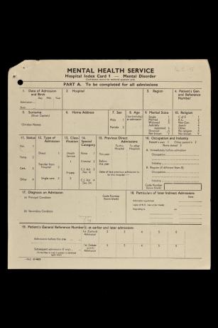 Hospital Index Card from 1940s for recording Mental Disorders, has not yet been filled out, functions to list basic information about the patient