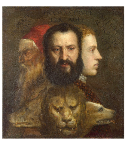 Allegory of Time, Painting of Three Human Heads of different ages over Three Animal Heads
