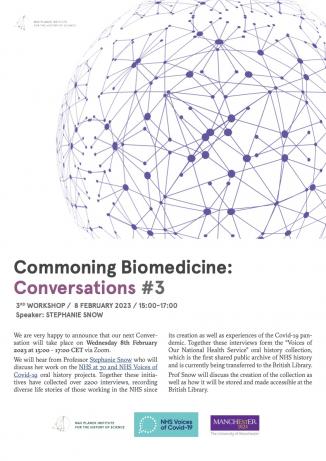 Poster round structural graphic in dark violett on white. Commoning Biomedicine Conversations #3 Infotext. Logo MPIWG, NHS Voices of Covid-19, The University of Manchester