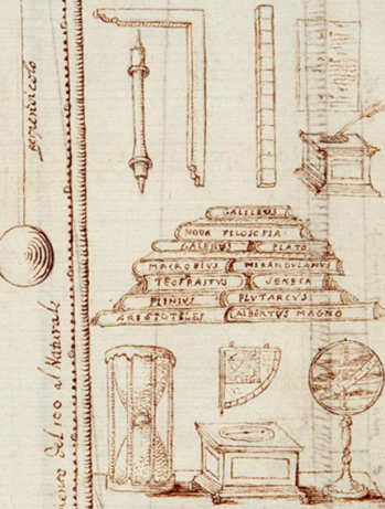 First Page of the Diary Accademia del Cimento, drawings in brown ink, twelve volumes stacked pyramidally at the center of the page