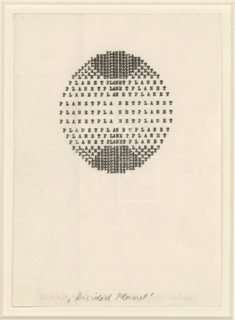 ‘Divided Planet’ Print on paper of a sphere made up of the words planet typed on a typewriter