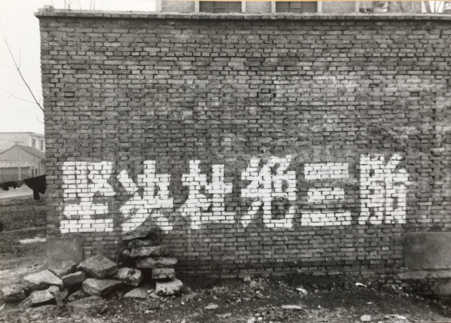 Wall slogan in Shaanxi, 1988, "坚决杜绝三胎 (resolutely stop third births)"