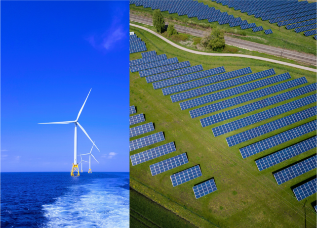 Two depictions. Left: Off-shore windmills; Right: Solar powerplant of a field