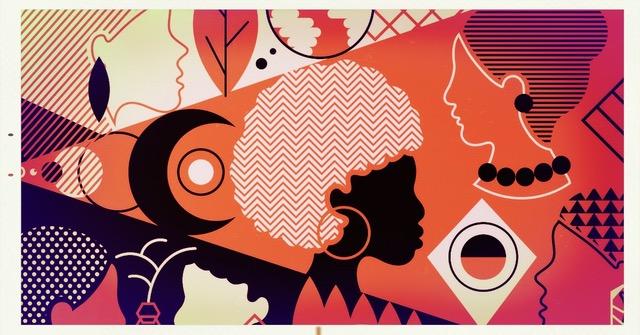 Graphic design with women's heads in red and orange