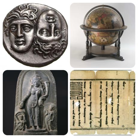 collage with four panels. 1) silver coin 2) celebstial globe 3) relief of figure 4) manuscript