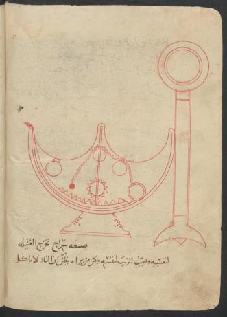 red ink on parchment drawing showing a half-moon shaped blade net to a cylindrical wick.