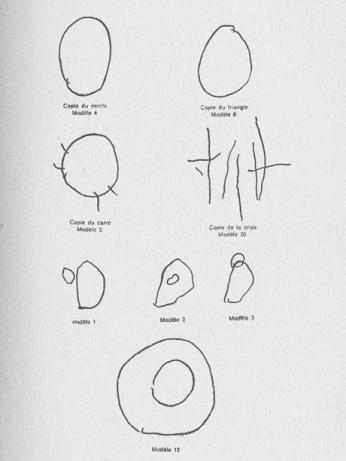 Sample drawings from substage IB from Piaget’s experiment on drawing geometric figures (as reproduced in the publication), from: Jean Piaget & Bärbel Inhelder: La représentation de l’espace chez l’enfant, Paris 1948.