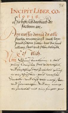 Abb. 2: Heidelberg, Codex Palatinus Germanicus 489, Blatt 98r, Incipit Liber Coloris.