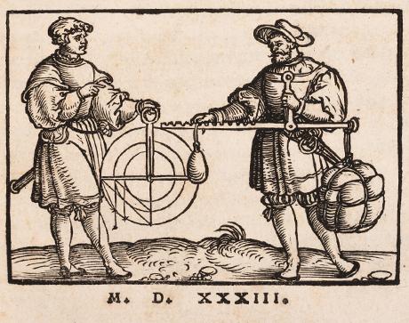 Title vignette of Apianus’ edition of Jordanus’ Liber de ponderibus (1533) showing a scholar and a practitioner. The scholar explains the functioning of a steelyard according to Aristotelian principles. Courtesy Linda Hall Library.