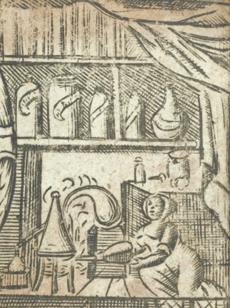 A woman hard at work distilling. Scene opposite title page of The accomplished ladies rich closet of rarities (London, 1691). Image courtesy of Wellcome Library, London.