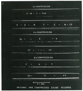 Image of time-compressed speech on the kinematic frequency compressor, ca. 1945. From Denis Gabor Archives, Imperial College.