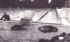 Max Neuhaus (1939¬–2009) testing underwater acoustical equipment, sourced from the U.S. Navy Underwater Sound Reference Division, in Berlin, ca. 1976–77. Source: Estate of Max Neuhaus.