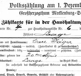 Prussian Counting Card for the Census, 1900. Inscribed by or for Carl Jäger, born 1829, district Güstrow (detail). Image: Wiki Commons.