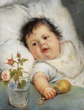 Carl Fröschl, Baby with a Rattle (ca. 1890), oil on Canvas. Public Domain via Wikimedia Commons.