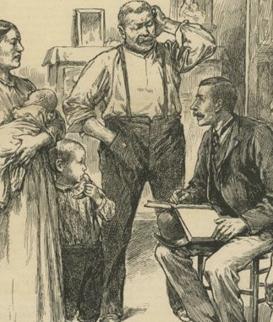 Counting Day for the Census in the Tenements of Manhatten, 1890. The Tenement Family - New York City. By C. Broughton, engraved by H.W. Peckwell. In: Tenement Life. Frank Leslie's Illustrated Newspaper, June 14, 1890. Courtesy Collection Maggie Land Blanck, http://www.maggieblanck.com/Goehle/Germans.html