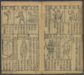 scan of book chapter from 1628 China showing images of "fantastical beasts" and "foreign and mythical peoples"