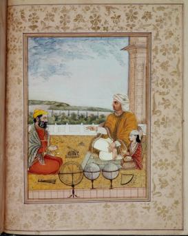 Artwork, three figures conversing. Folio from the work Sarvasiddhāntatattvacuḍāmaṇi The Jewel of the Essence of All Sciences.” 1840. India. © 2022 The British Library, Or. 5259, f.291. 