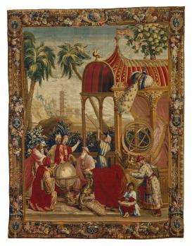 Artwork, Beauvais Manufactory (French, founded 1664), Woven under the direction of Philippe Béhagle (French, 1641–1705), After cartoons by Guy-Louis Vernansal (French, 1648–1729), painter, et al. Tapestry: Les Astronomes, from L'Histoire de l'empereur de la Chine Series. ca. 1697–1705. Wool and silk, modern cotton lining. 318.8 × 424.2 cm. The J. Paul Getty Museum, Los Angeles, 83.DD.338. CC0 1.0 Universal.