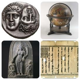 collage with four panels. 1) silver coin 2) celebstial globe 3) relief of figure 4) manuscript