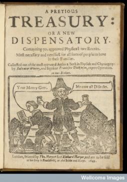 Title page to Salvator Winter's "A Pretious Treasury: Or A New Dispensatory" (London, 1649). Wellcome Library, London.