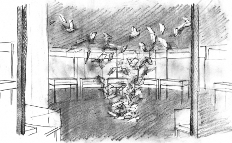 Drawing of paper sheets flying through the exhibition.