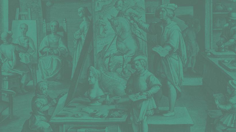engraving showing an idealized representation of the workshop of Jan Van Eyck, to whom Stradanus, following Vasari, attributed the invention of oil paint. Jan van der Straet (Stradanus), Nova Reperta, 1584, plate Color olivi. Source: 