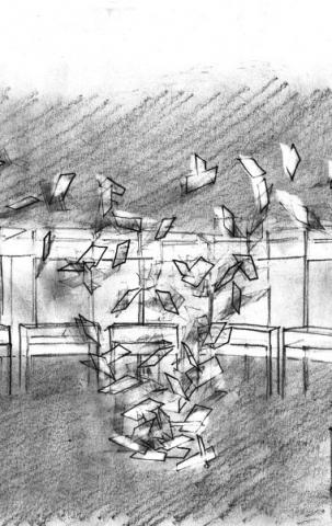 Drawing of paper sheets flying through the exhibition.