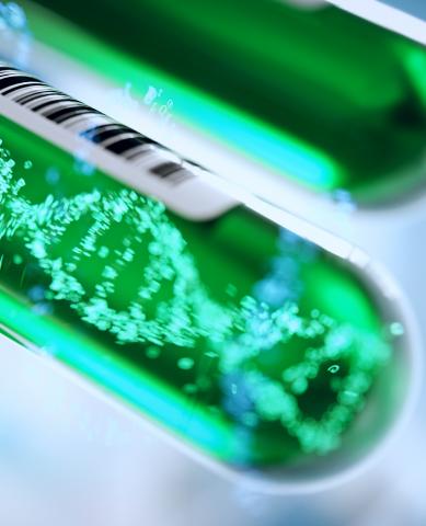 DNA molecule in test tube. iStock ID: 1042024564