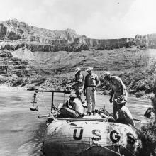 	Scientists preparing to measure the flow of the Colorado River in the Grand Canyon National Park, Arizona, 1965