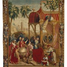 Artwork, Beauvais Manufactory (French, founded 1664), Woven under the direction of Philippe Béhagle (French, 1641–1705), After cartoons by Guy-Louis Vernansal (French, 1648–1729), painter, et al. Tapestry: Les Astronomes, from L'Histoire de l'empereur de la Chine Series. ca. 1697–1705. Wool and silk, modern cotton lining. 318.8 × 424.2 cm. The J. Paul Getty Museum, Los Angeles, 83.DD.338. CC0 1.0 Universal.