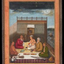 Artwork of a miniature pasted on an album sheet. A young prince with learned men on a terrace. ca. 1640–50. Indian, Mughal. Miniature: 21.2 × 14.4 cm; Leaf: 29.1 × 19.2 cm. © 2022 The David Collection, Copenhagen, 15/2016.
