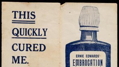 This quickly cured me: need I say more? Advertisement for Ernie Edwards' Embrocation, used in the treatment of gout, rheumatism, lumbago, sciatica, neuritis and sprains, 1900–1910?, 1 sheet: monochrome, 19 x 13 cm, Wellcome Collection, London.