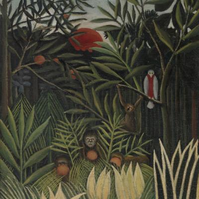Singes et perroquet dans la forêt vierge, ca. 1905-1906 by Henri Rousseau, at Barnes Foundation, Philadelphia. Public Domain. 