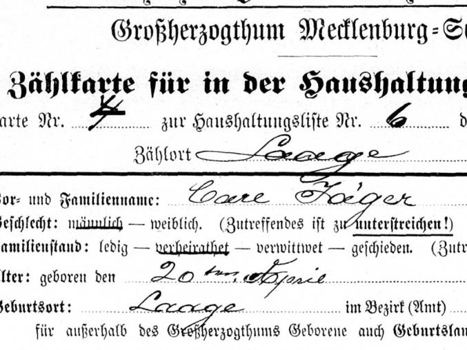 Prussian Counting Card for the Census, 1900. Inscribed by or for Carl Jäger, born 1829, district Güstrow (detail). Image: Wiki Commons.