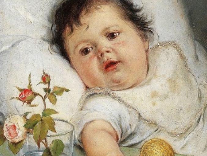 Carl Fröschl, Baby with a Rattle (ca. 1890), oil on Canvas. Public Domain via Wikimedia Commons.