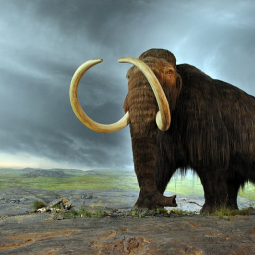 recreation of a woolly mammoth on stone ground